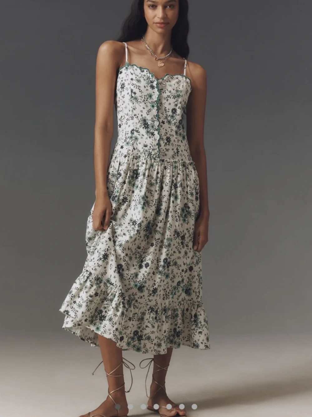 NWT Anthropologie Drop-waist Spaghetti Strap Midi Dress in White & Green - Picture 1 of 7